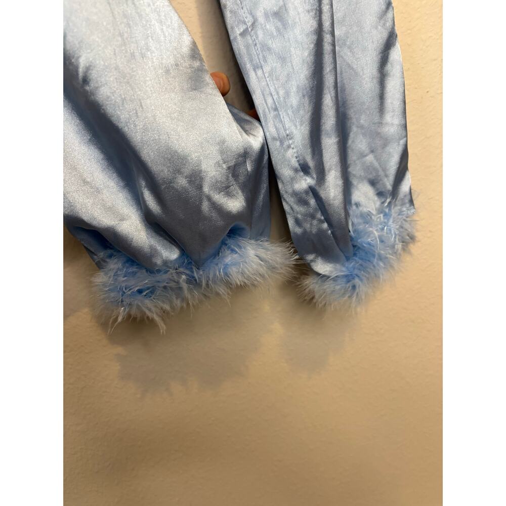 Womens Long Sleeve Silky Satin Fur Trim Pajama Set Sleepwear Loungewear S - Picture 9 of 16
